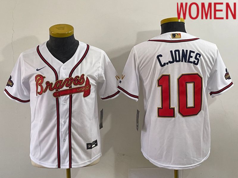 Women Atlanta Braves #10 C.Jones White Gold Game Nike 2023 MLB Jersey->women mlb jersey->Women Jersey
